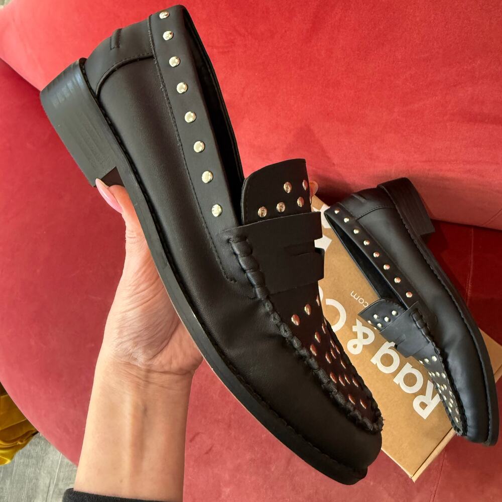 Rag & Co Leather Studded Loafers Black 9 - Picture 3 of 5